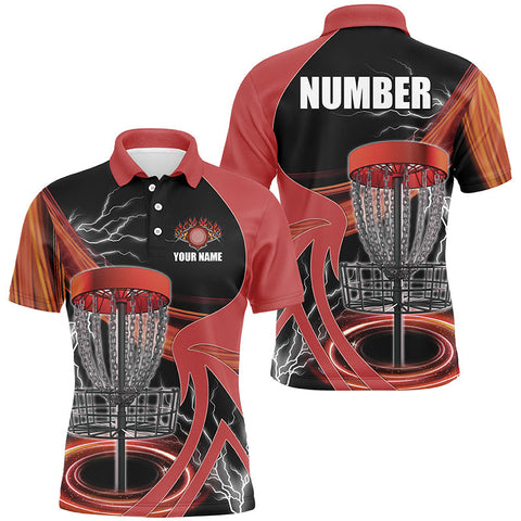 Maxcorners Mens disc golf polo shirt custom lightning thunder disc golf basket, disc golf jersey | Red MT0510