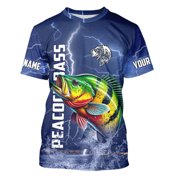 Maxcorners Peacock Bass Fishing blue lightning jerseys custom performance Long Sleeve tournament fishing shirts MT2108