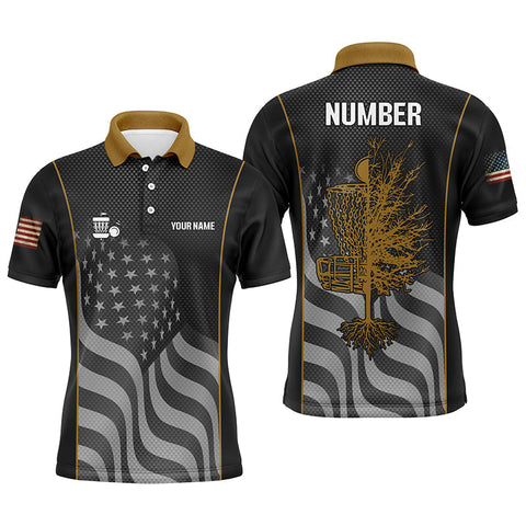Maxcorners Orange black American flag Mens disc golf polo shirt custom name, number patriotic disc golf jersey MT0510