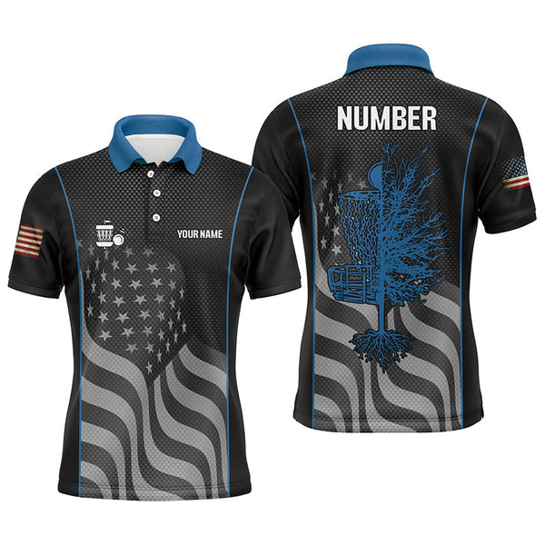 Maxcorners Blue black American flag Mens disc golf polo shirt custom name, number patriotic disc golf jerseys MT0510