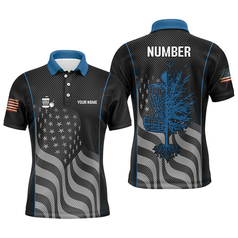 Maxcorners Blue black American flag Mens disc golf polo shirt custom name, number patriotic disc golf jerseys MT0510