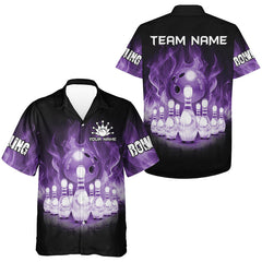 Maxcorners Black And Purple Flame Bowling Ball Pins Custom Bowling Shirts For Men, Bowling Team Shirt