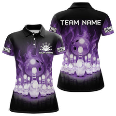 Maxcorners Black And Purple Flame Bowling Ball Pins Custom Bowling Shirts For Men, Bowling Team Shirt