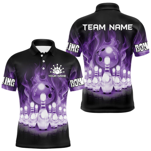 Maxcorners Black And Purple Flame Bowling Ball Pins Custom Bowling Shirts For Men, Bowling Team Shirt