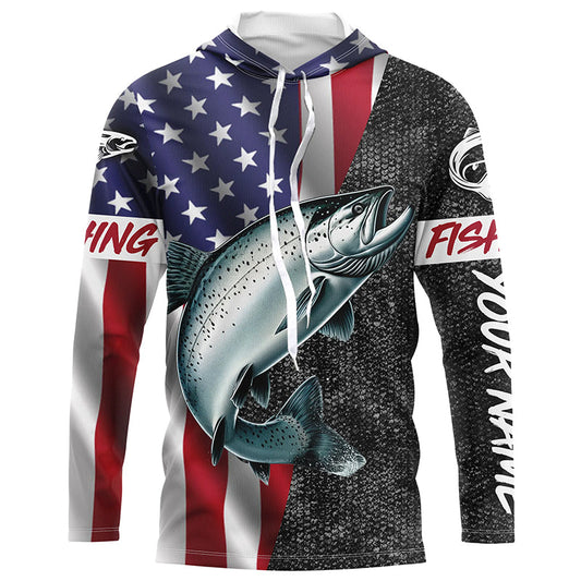 Maxcorners American Flag Salmon Fishing Custom long sleeve performance Fishing Shirts, Salmon Fishing jerseys LM0201