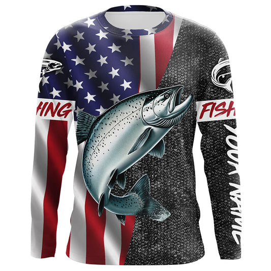 Maxcorners American Flag Salmon Fishing Custom long sleeve performance Fishing Shirts, Salmon Fishing jerseys LM0201