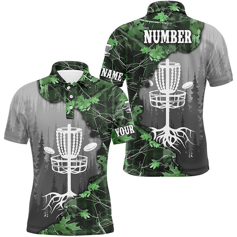 Maxcorners Mens disc golf polo shirt custom green camo forest tree disc golf basket, disc golf jerseys MT0510