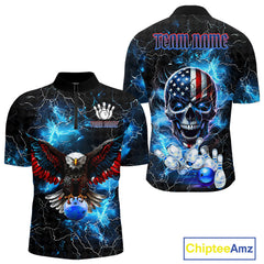 Maxcorners Blue Thunder Lightning American Flag Eagle Skull Mens Bowling Shirts Custom Bowling Team Jersey LM2509