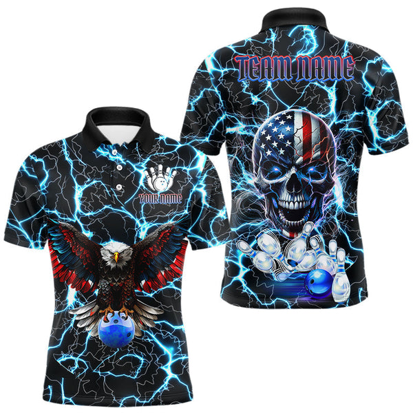 Maxcorners American Flag Eagle Skull Blue Lightning Thunder Mens Bowling Shirts Custom Bowling Team Jersey LM2509