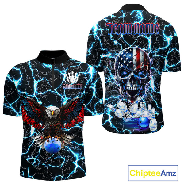 Maxcorners American Flag Eagle Skull Blue Lightning Thunder Mens Bowling Shirts Custom Bowling Team Jersey LM2509