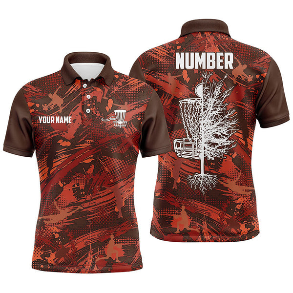 Maxcorners Mens Disc golf polo shirts custom red camo Disc Golf Basket Tree jerseys, disco golf outfit MT0510