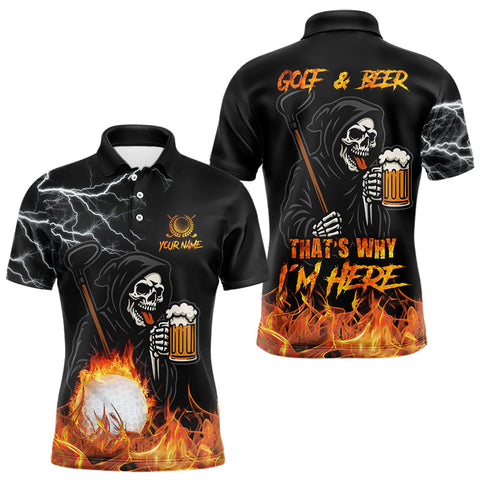Maxcorners Funny Skull Reaper Lightning Flame Golf Polo Shirts For Men custom Golf & Beer That's why I'm here  LM3010