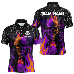 Maxcorners Personalized Purple Flame Skull Bowling Polo Shirts For Men Custom Team Bowling Jerseys