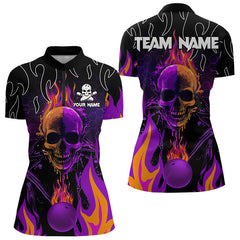 Maxcorners Personalized Purple Flame Skull Bowling Polo Shirts For Men Custom Team Bowling Jerseys