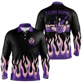 Maxcorners Black And Purple Flame Retro Bowling Polo, Quarter Zip Shirt For Men Custom Bowling Team Jerseys