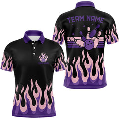 Maxcorners Black And Purple Flame Retro Bowling Polo, Quarter Zip Shirt For Men Custom Bowling Team Jerseys