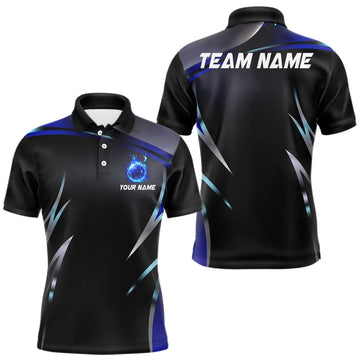 Maxcorners Black and blue Bowling Polo, Quarter Zip Shirts for Men Custom Team bowling shirts with flames LM2201