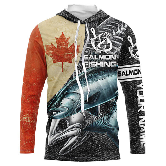 Maxcorners Vintage Canadian Flag Salmon Fishing Custom long sleeve performance Fishing Shirts, Salmon jerseys LM0201