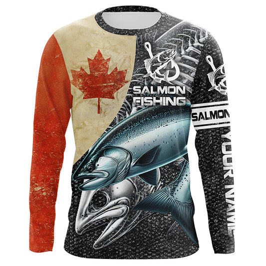 Maxcorners Vintage Canadian Flag Salmon Fishing Custom long sleeve performance Fishing Shirts, Salmon jerseys LM0201