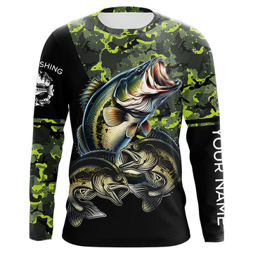 Maxcorners Bass fishing black green camo Custom name Long sleeve, Long Sleeve Hooded
 LM0201