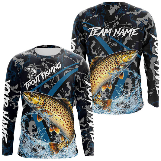 Maxcorners Custom Brown Trout Fishing Camo Long Sleeve Fishing Shirts, Personalized Trout Fishing Team Jerseys LM2512