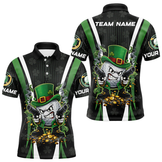 Maxcorners Funny St Patrick cowboy golf ball gunner black and green Mens golf polo shirts Custom golf outfit men