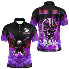 Maxcorners Purple Flame Smoke American Flag Eagle Skull Mens Bowling Shirts Custom Patriotic Bowling Team Jersey LM2408