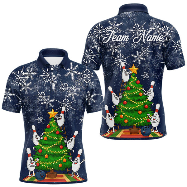 Maxcorners Funny Christmas Tree snowflake Bowling shirts for men Custom Xmas Bowling Outfits Men | Navy TU2310