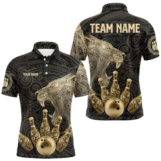 Maxcorners Black and Gold Lion Tribal Bowling Polo, 1/4 Zip Shirts For Men Custom Retro Bowling Team Jerseys