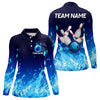 Maxcorners Blue Flame Fire Bowling Polo, Quarter Zip Shirts for Women Custom Bowling Team jerseys, Bowling Outfit