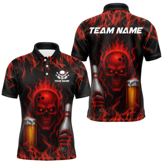 Maxcorners Red Skull and Beer Bowling shirts with flames Custom Bowling Polo, 1/4 Zip bowling outfits for men LM2603