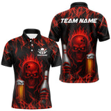 Maxcorners Red Skull and Beer Bowling shirts with flames Custom Bowling Polo, 1/4 Zip bowling outfits for men TU2310