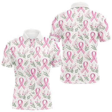 Maxcorners Pink ribbons floral pattern Breast Cancer golf polo shirts for men Custom team golf attire for men