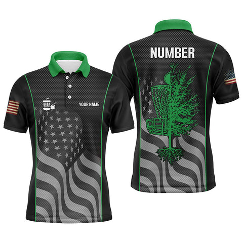 Maxcorners Green black American flag Mens disc golf polo shirt custom name, number patriotic disc golf jersey MT0510