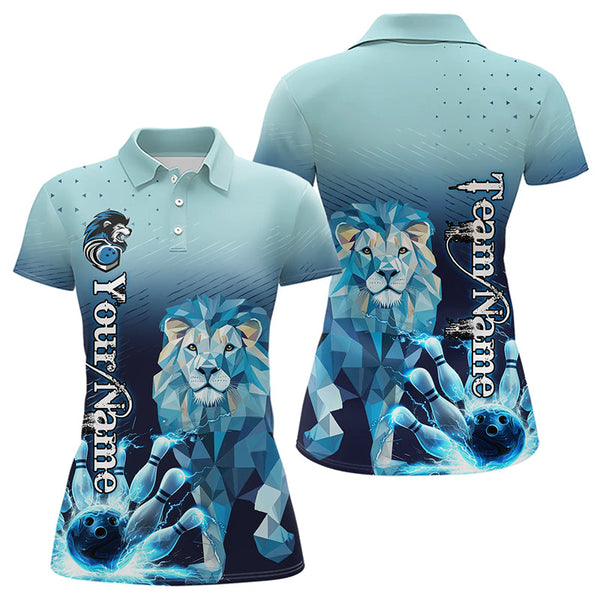 Maxcorners Blue Lightning Lion Bowling Polo, Quarter Zip Shirts for Women Custom Lion Bowling Team jerseys