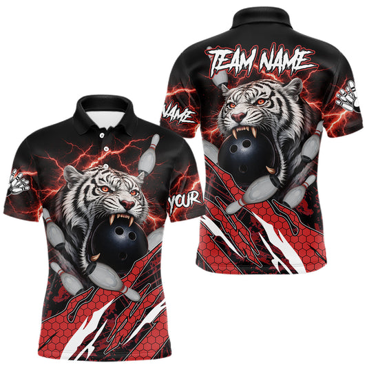 Maxcorners Black and Red Lightning Thunder Tiger Bowling Polo, 1/4 Zip Jersey for Men, Tiger Bowling Team shirts LM2901