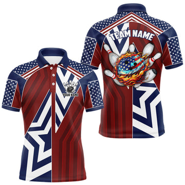 Maxcorners Red, White and Blue American Flag Flame Bowling shirts for Men Custom patriotic Team Bowling Jerseys LM2901