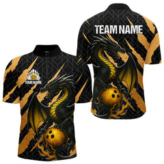 Maxcorners Black and Gold Dragon Bowling Polo, Quarter Zip Shirts for Men Custom Bowling Outfit Team jersey LM1625