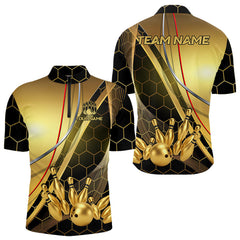 Maxcorners Custom Black and Gold Bowling Polo, Quarter Zip Shirts For Men, Bowling Team League Jersey LM2707