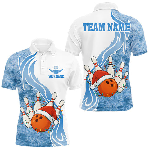Maxcorners White and Blue Ice pattern Christmas Bowling shirts for men Custom Xmas Team bowling jerseys MT2510