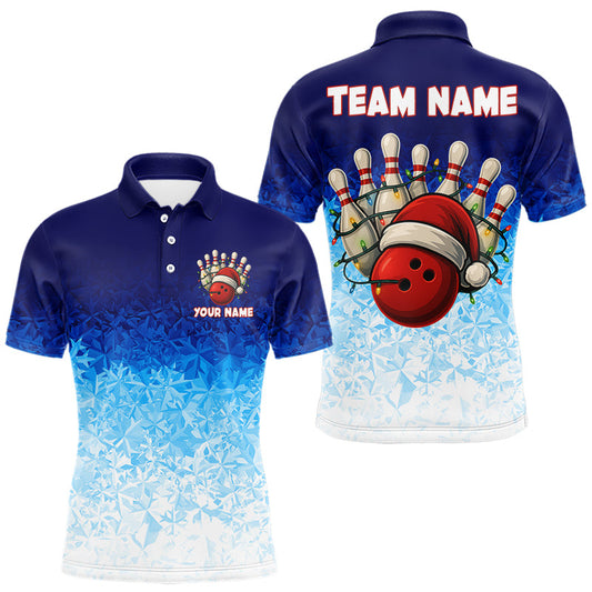 Maxcorners Blue Ice pattern Christmas Team Bowling Polo, Quarter Zip shirts for men Custom Xmas bowling gifts LM2603