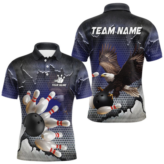 Maxcorners Eagle Bowling Polo, Quarter Zip Shirts for Men Custom Team Bowling jerseys, gift for bowlers | Blue LM2603