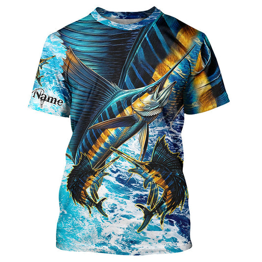 Maxcorners Sailfish fishing scales blue sea water camo Custom UV protection performance long sleeve fishing shirt LM2408