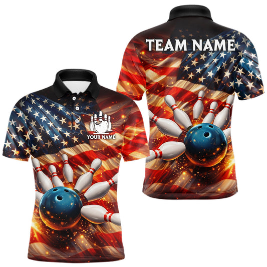Maxcorners American Flag Bowling Ball and pins Bowling Shirts for Men Custom Patriotic Bowling Team jerseys LM1904