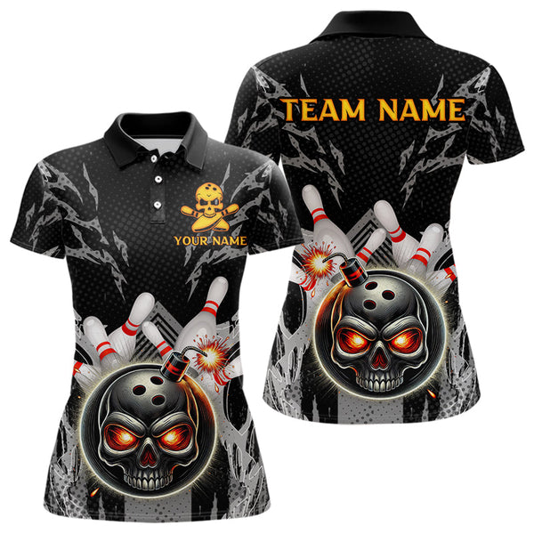 Maxcorners Funny Black and Gray Camo Bowling Shirt For Men Custom Skull Bowling Bomb Team bowling attire for men LM263
