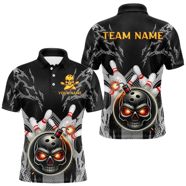 Maxcorners Funny Black and Gray Camo Bowling Shirt For Men Custom Skull Bowling Bomb Team bowling attire for men LM263