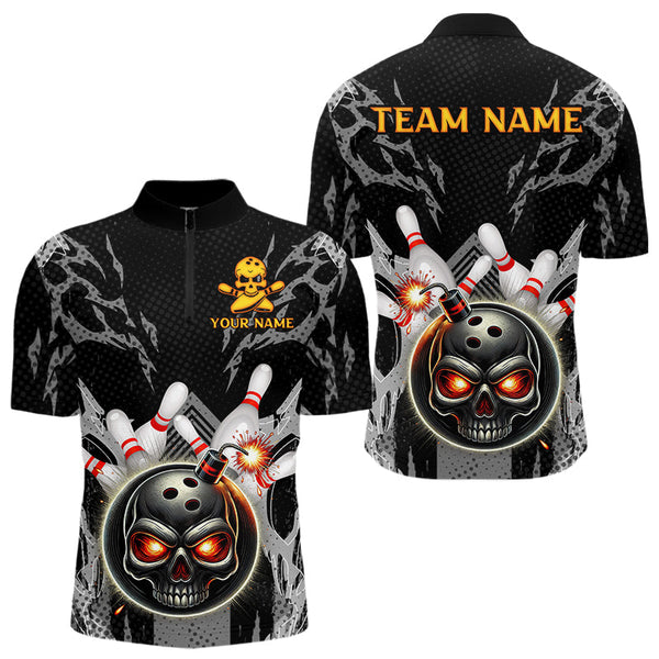 Maxcorners Funny Black and Gray Camo Bowling Shirt For Men Custom Skull Bowling Bomb Team bowling attire for men LM263