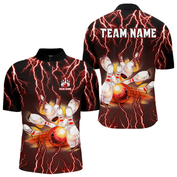 Maxcorners Personalized Red Lightning Thunder Bowling Shirt For Men Custom Bowling Team bowling attire for men LM263