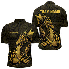Maxcorners Custom Tribal pattern Gold Dragon Bowling Polo, Quarter Zip Shirt For Men, Bowling Team League Jersey LM2707