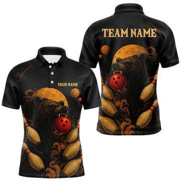 Maxcorners Custom Black Bear Bowling Men Polo, Quarter Zip Shirts Bear Bowling Team Jerseys LM0210